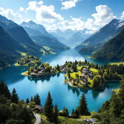 Primary subject: A beautiful mountain lake surrounded by green hills and mountains.

Setting/background: The image features a serene mountain lake with a picturesque landscape, including green hills and mountains in the background.

Visual style: The image is a photo of the mountain lake and its surroundings.

Colors and mood: The image has a vibrant and lively atmosphere, with the green hills and mountains providing a sense of tranquility and natural beauty.